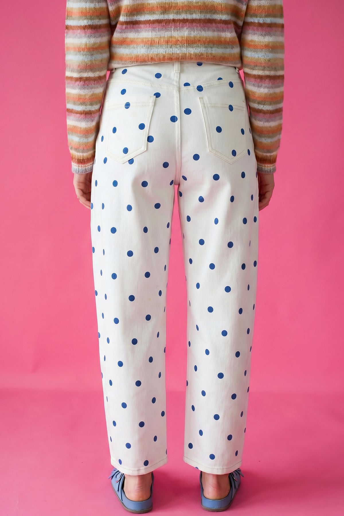 Pink Tailored Seam Polka Dot Print Barrel Casual Jeans