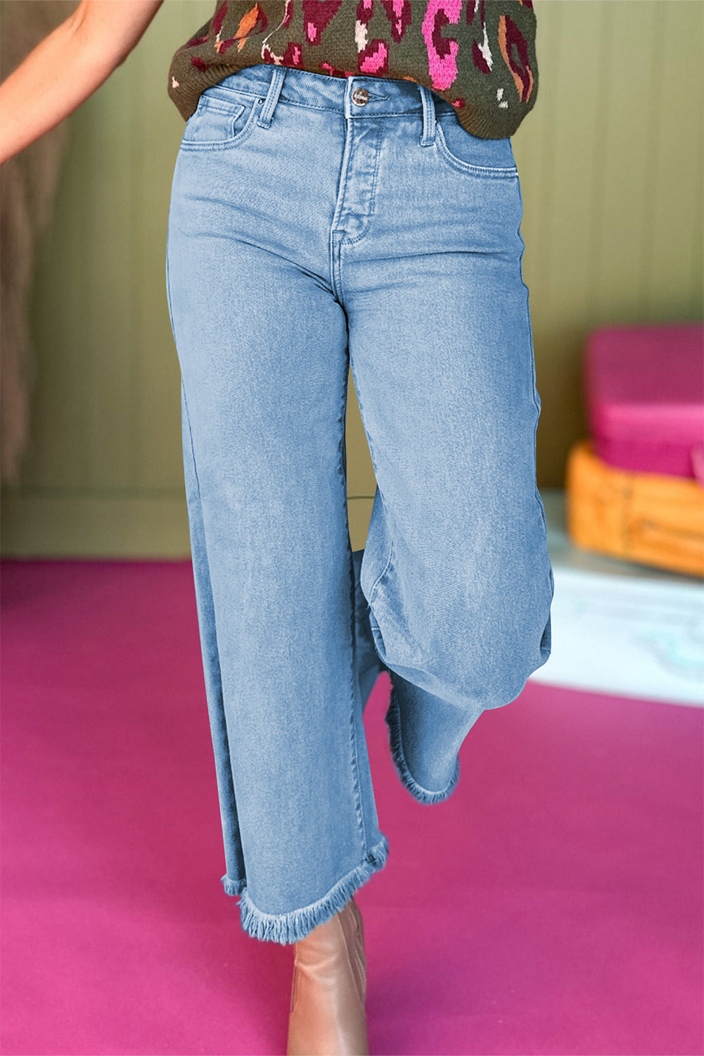 Peach Blossom Acid Washed High Rise Cropped Wide Leg Jeans