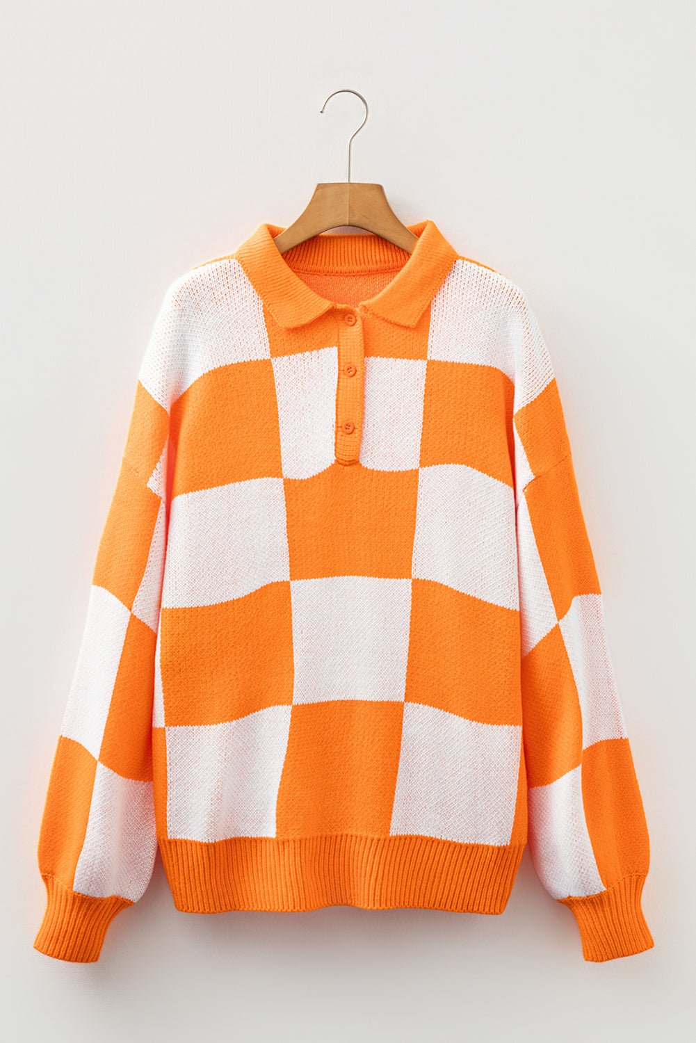 Mist Green Checkered Pattern Polo Collar Loose Sweater
