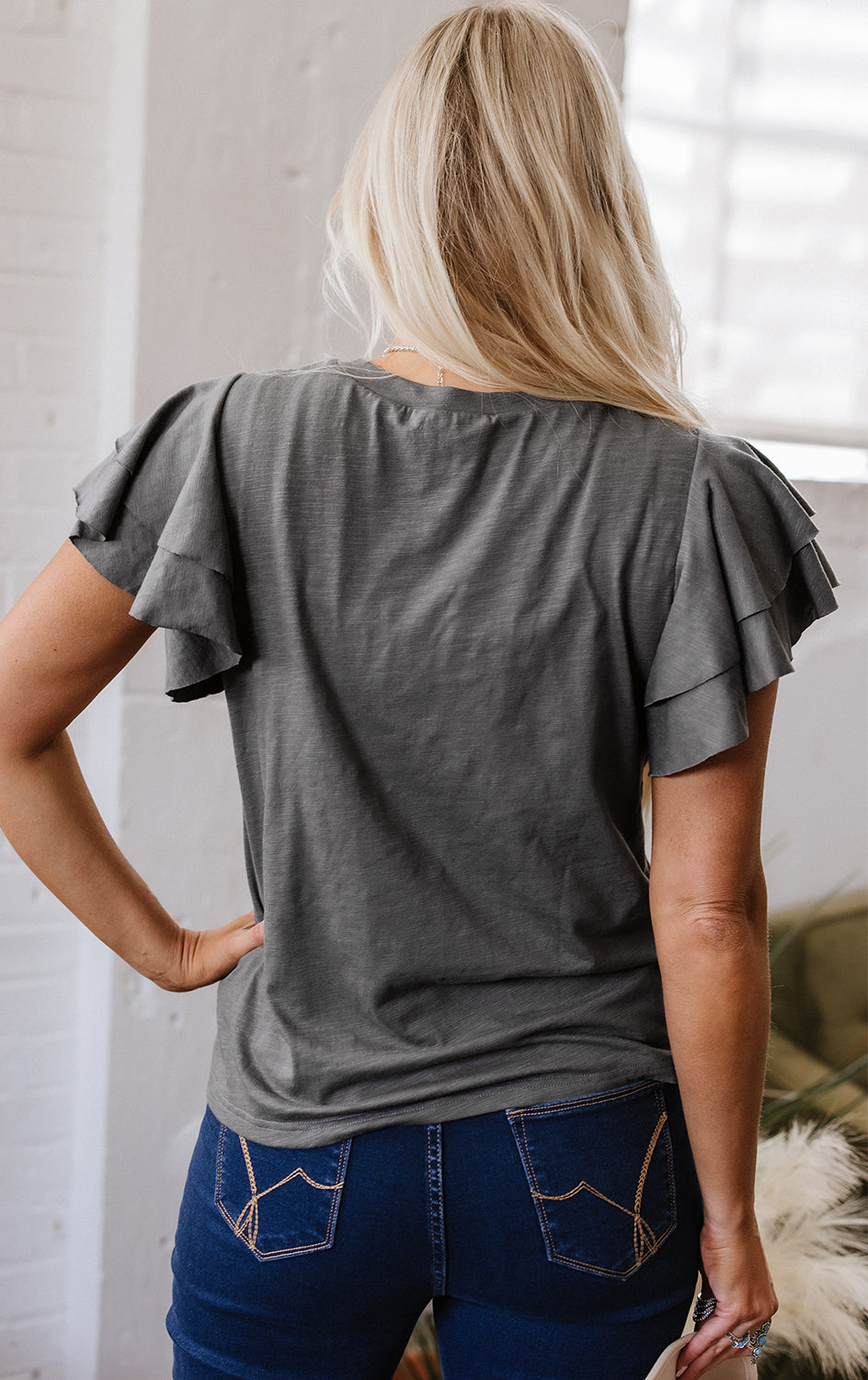 Dark Grey Layered Ruffle Short Sleeve Round Neck Top