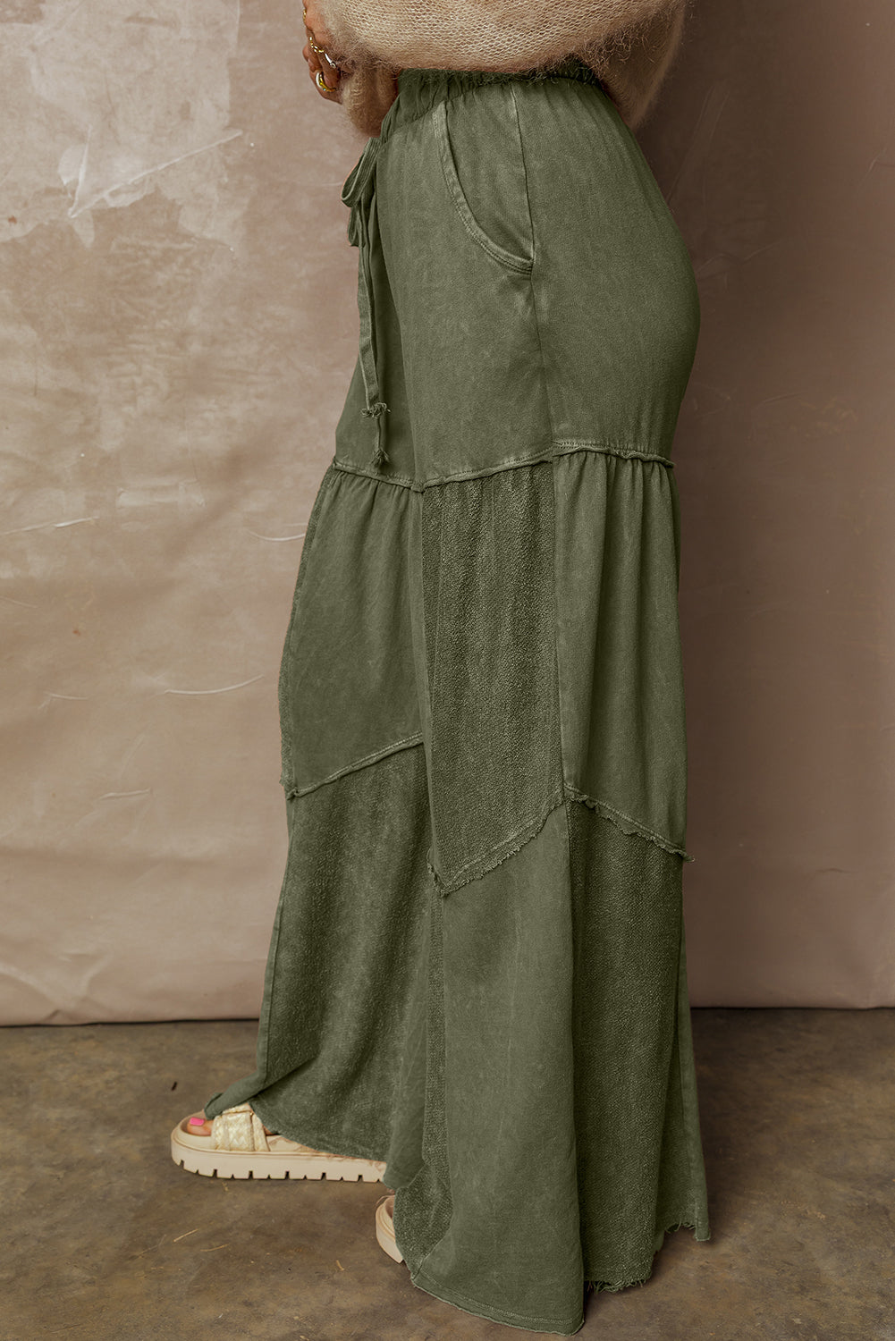 Wild Ginger  Careys Mineral Wash Tiered Wide Leg Patchwork Drawstring Pants