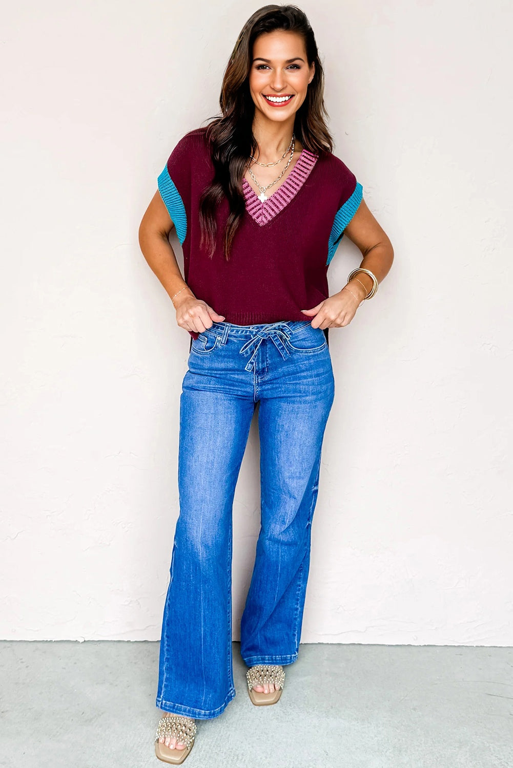 Burgundy Contrast Trim V Neck Cuffed Short Sleeve Loose Sweater