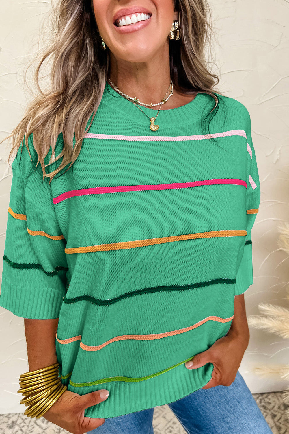Beau Blue Colorblock Striped Half Sleeve Drop Shoulder Sweater